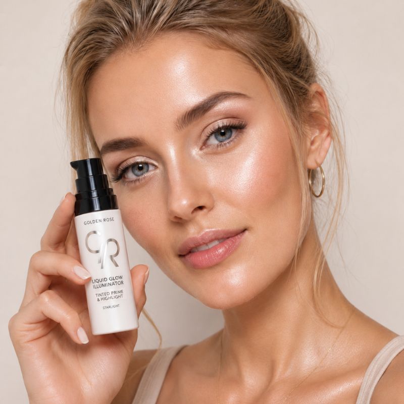 Liquid Glow Illuminator Tinted Prime & Highlighter va Golden Rose in hand van Model
