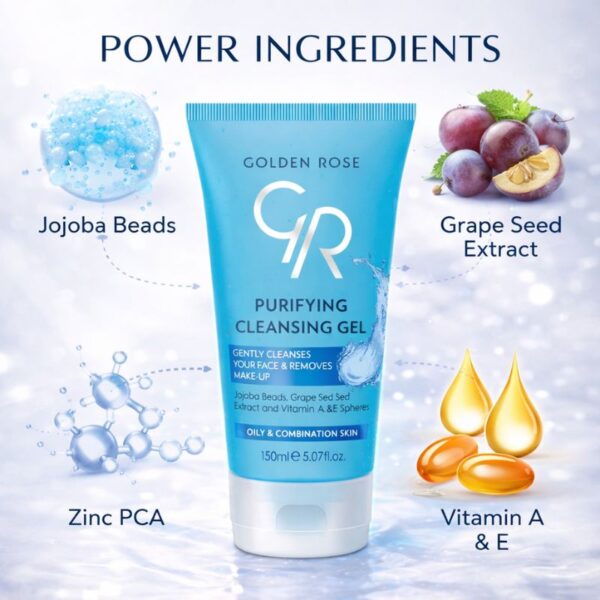 Golden Rose Purifying Cleansing Gel met jojoba beads, grape seed extract, zinc PCA en vitamine A en E