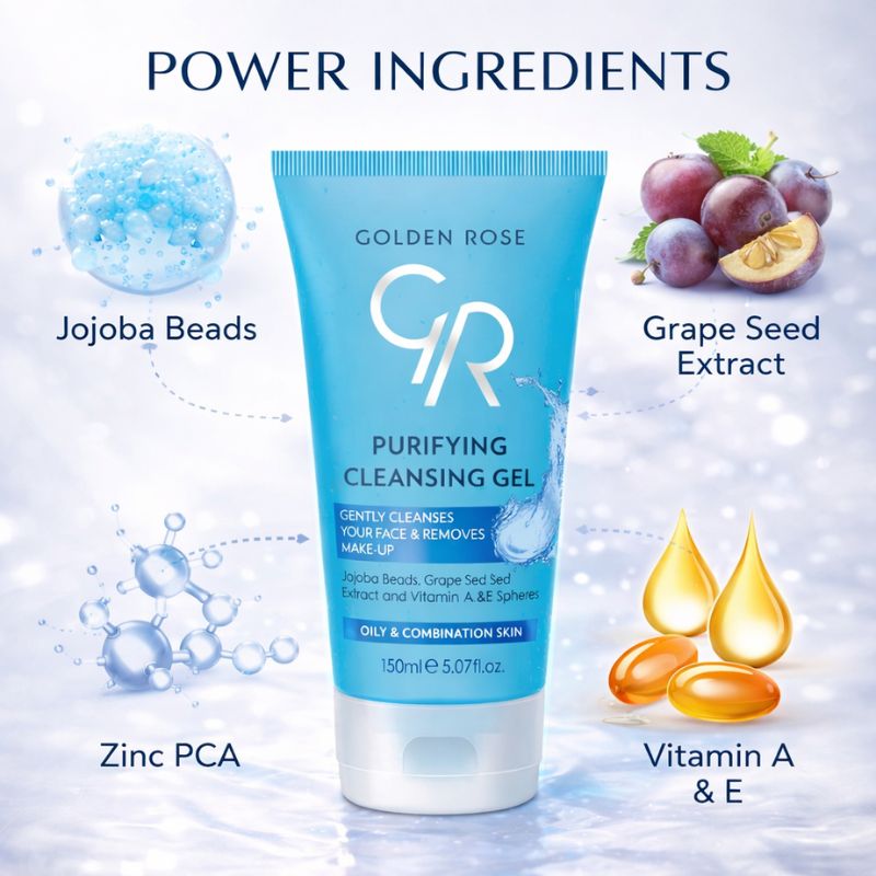 Golden Rose Purifying Cleansing Gel met jojoba beads, grape seed extract, zinc PCA en vitamine A en E