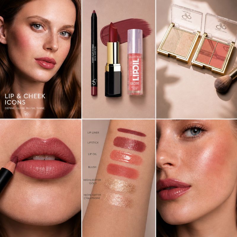 Lip & Cheek ICON Cadeau Set Met Lippenstift, lipoil, lipliner, Highlighter en blush van Golden Rose
