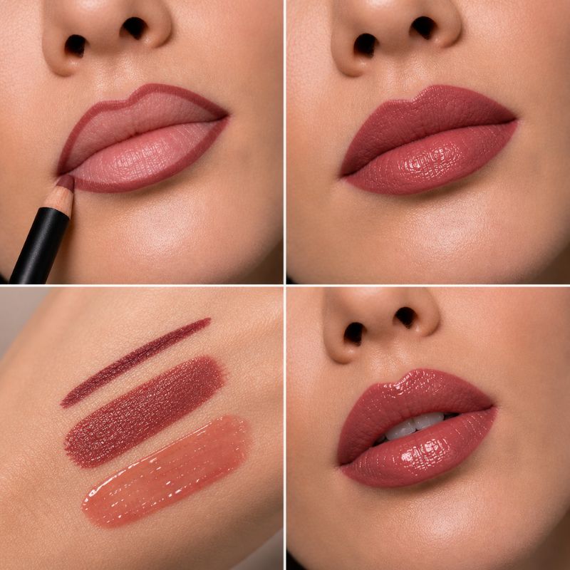 Warm Lip combo Van Golden Rose met lippenstift, lipliner en lipgloss voorbeeld in stappen