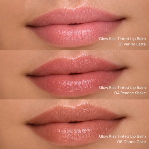 Golden Rose Glow Kiss Tinted lipbam Kleurenvoorbeelden 01 Vanilla Latte, 04 Peach shake, 06 Choco Cake