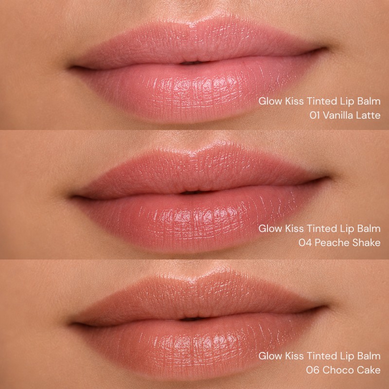Golden Rose Glow Kiss Tinted lipbam Kleurenvoorbeelden 01 Vanilla Latte, 04 Peach shake, 06 Choco Cake